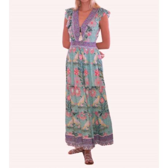 NEW BELL chloe maxi dress in green pink bird NEW BELL chloe maxi dress in green pink bird